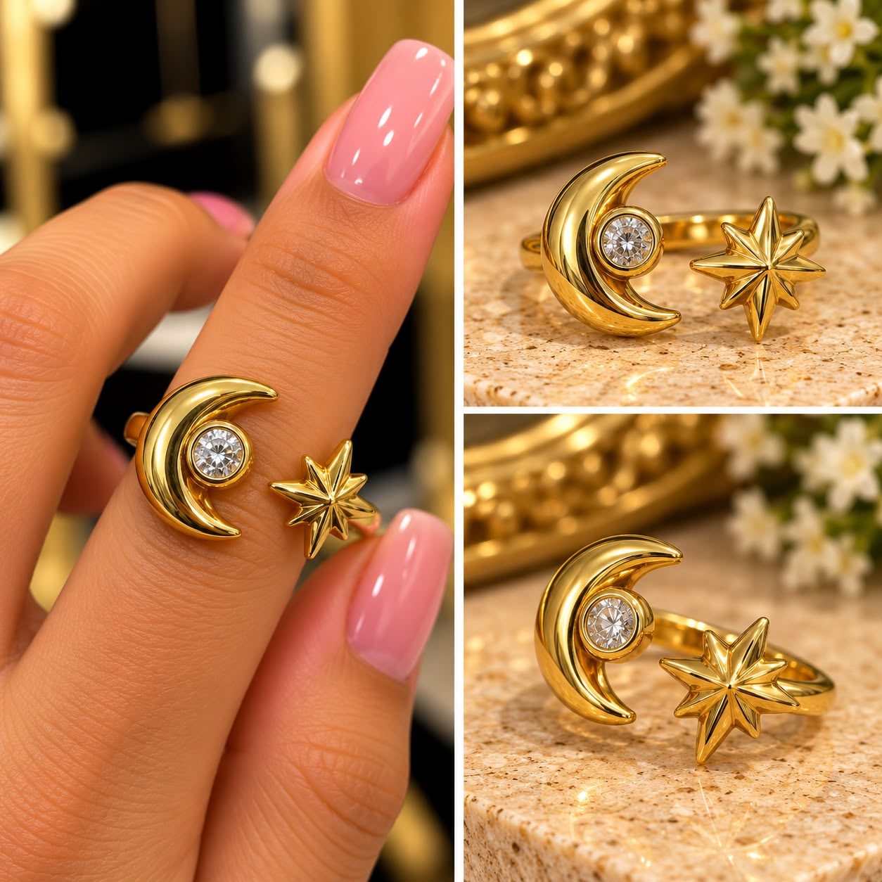 Anillo luna con diamante y estrella