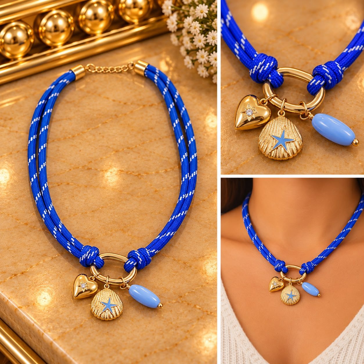 Collar azul de hilo con charms