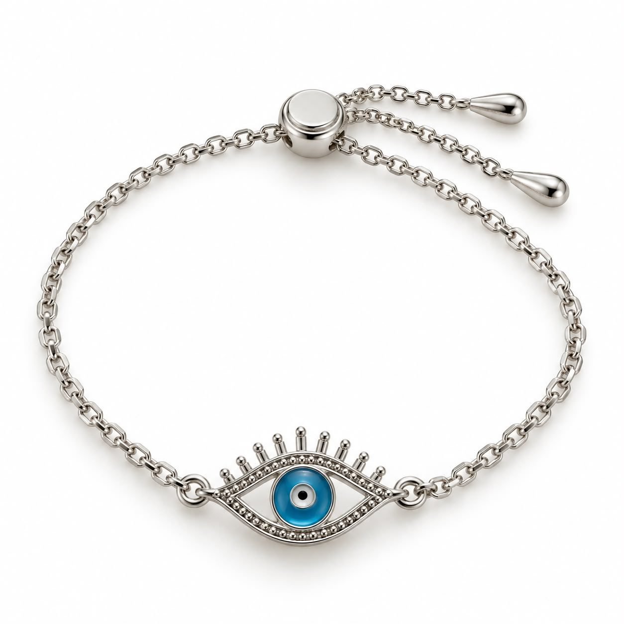 PULSERA PLATINO AJUSTABLE OJO TURCO AZUL