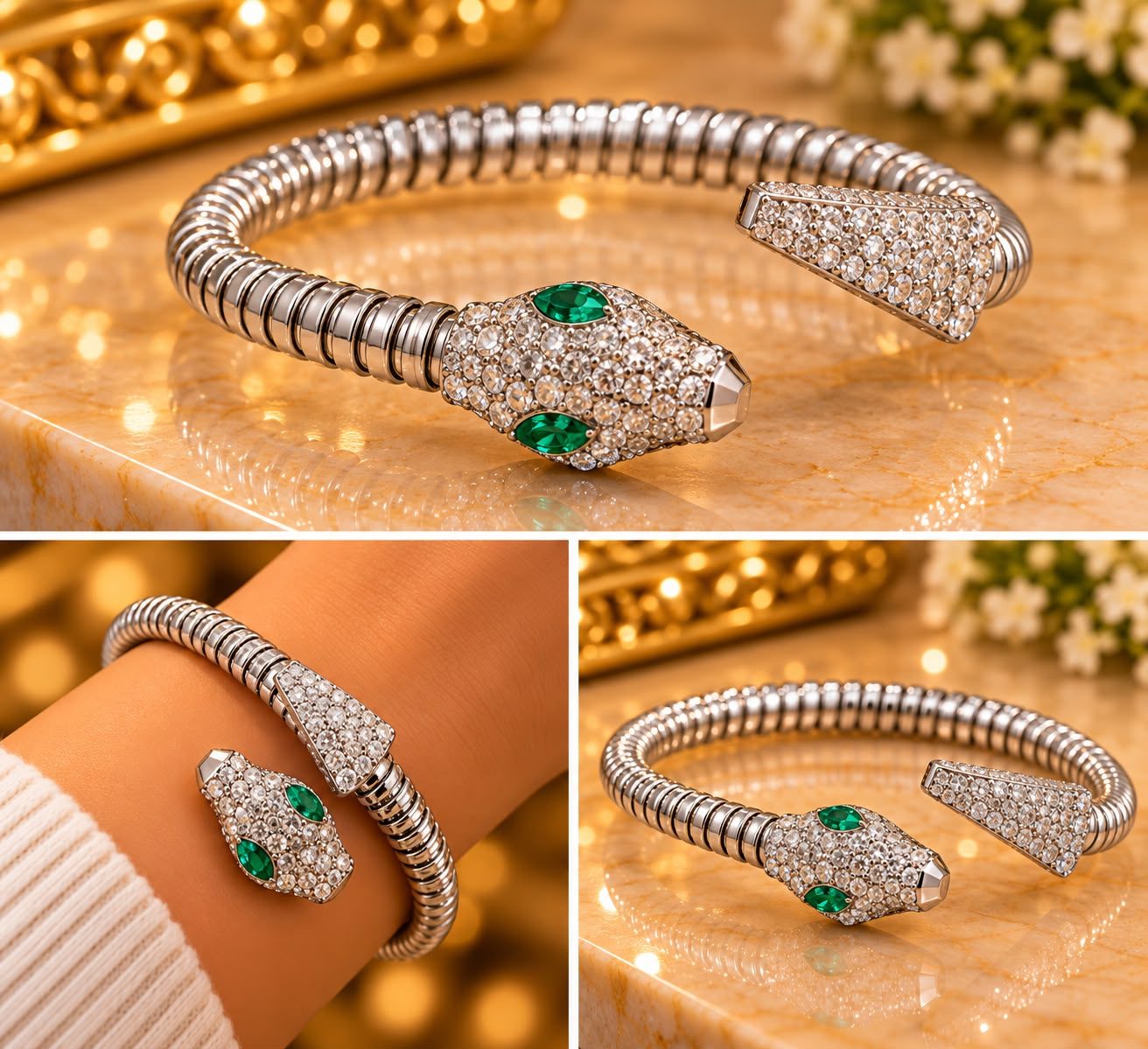 Pulsera doble serpiente plateada