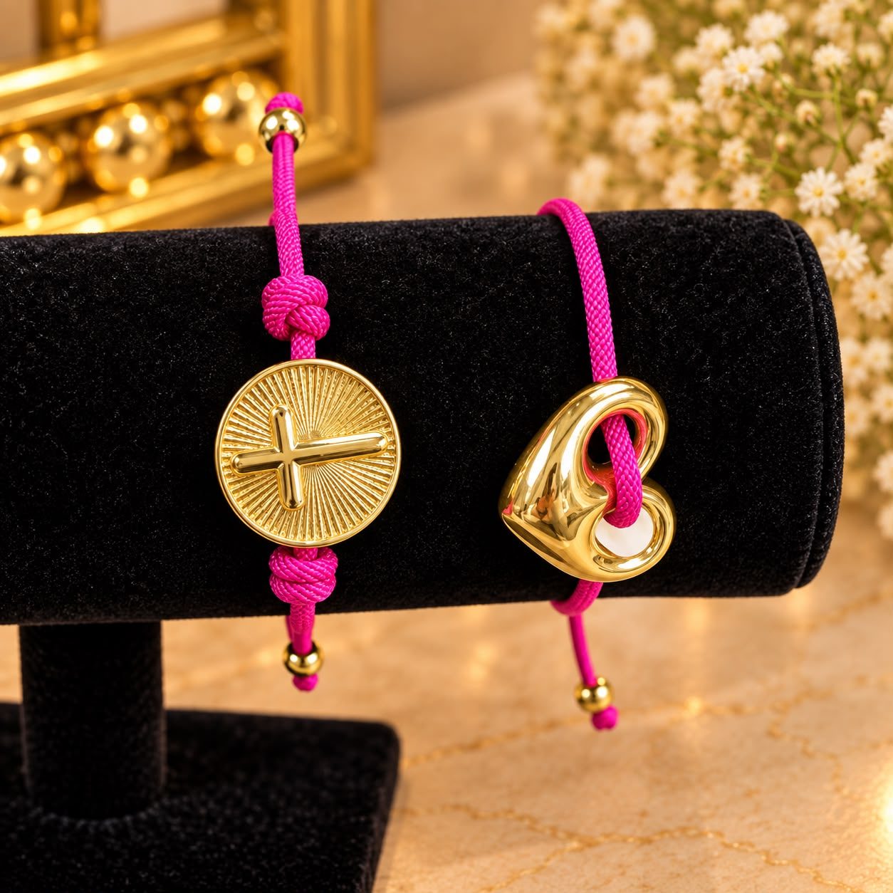 Pulsera hilo rosa con cruz