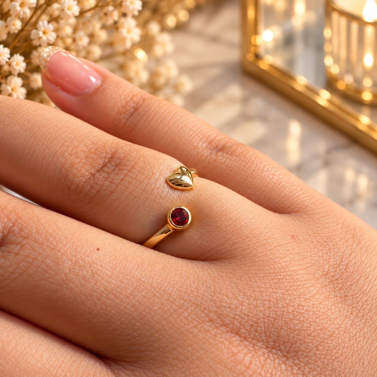 ANILLO ORO CORAZON/CRISTAL ROJO