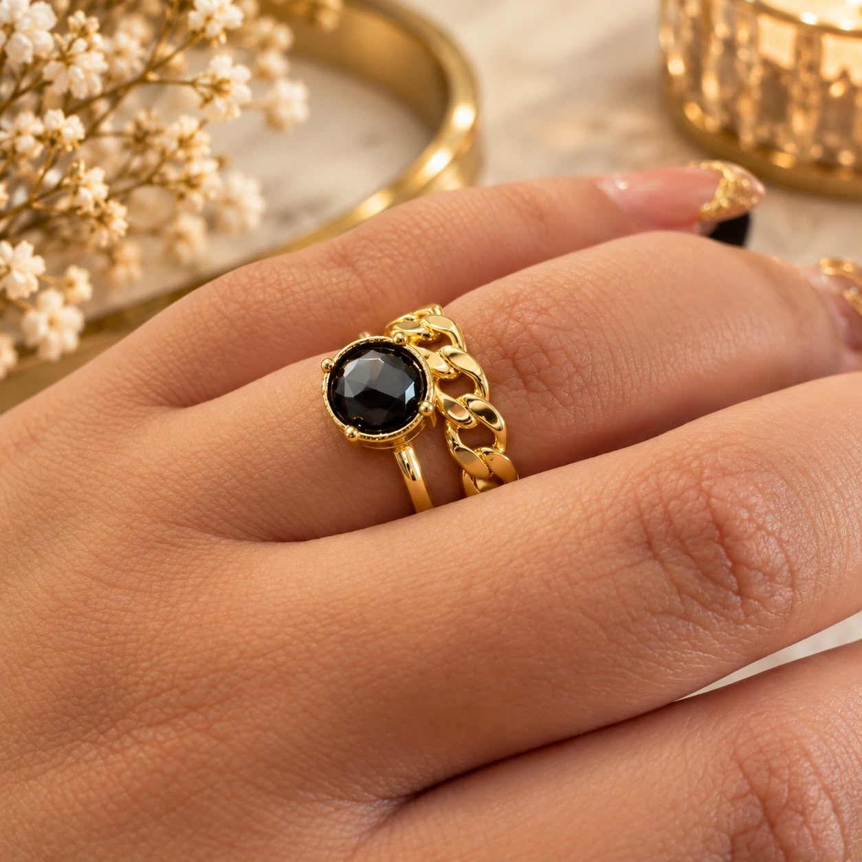 ANILLO ORO DOBLE/PIEDRA NEGRA