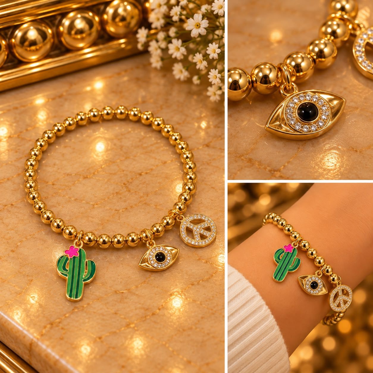 Pulsera charm cactus, ojo y p&l